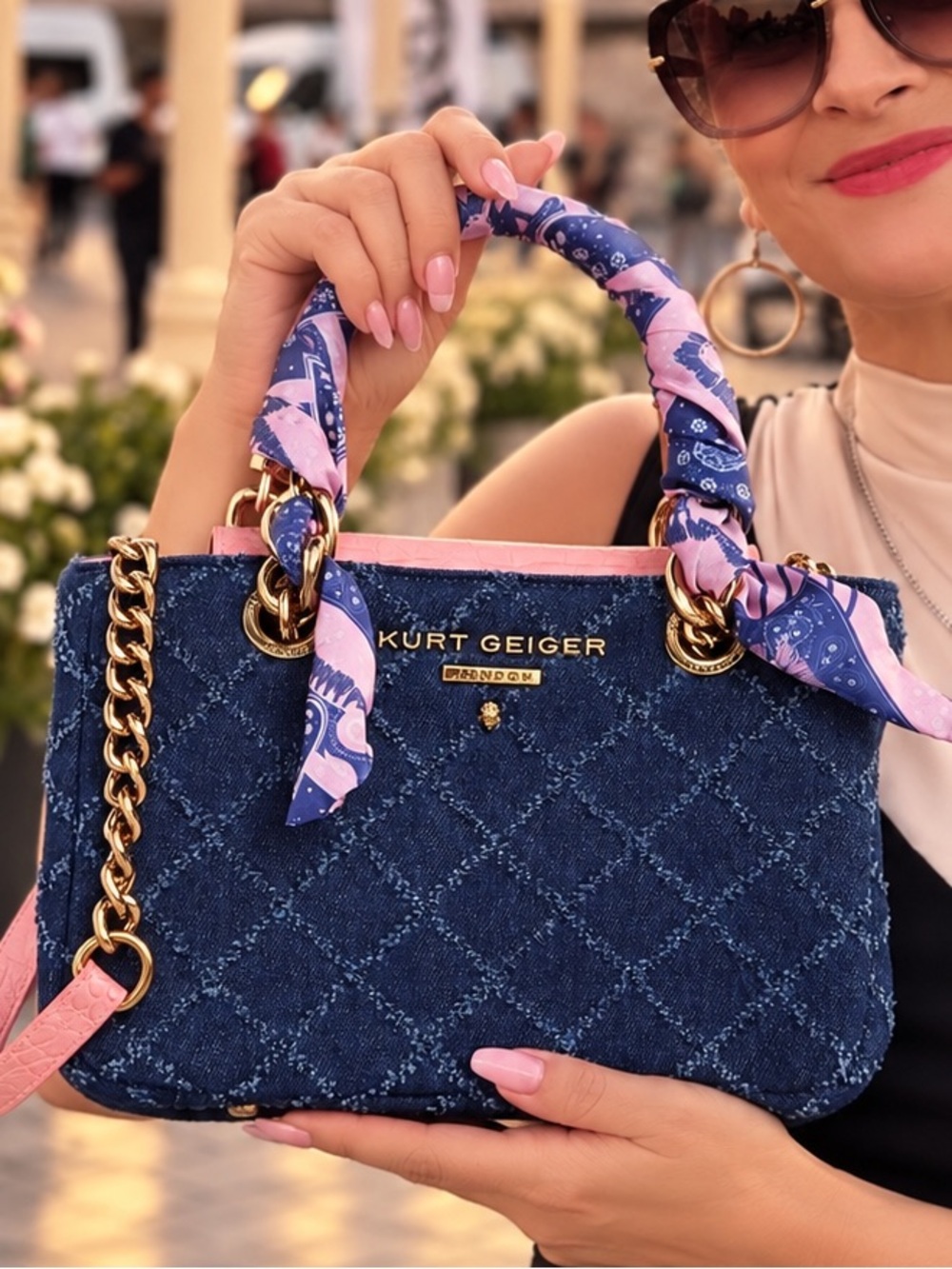Kurt Geiger Quilted Denim Satchel with Pink Scarf-Wrapped Handle